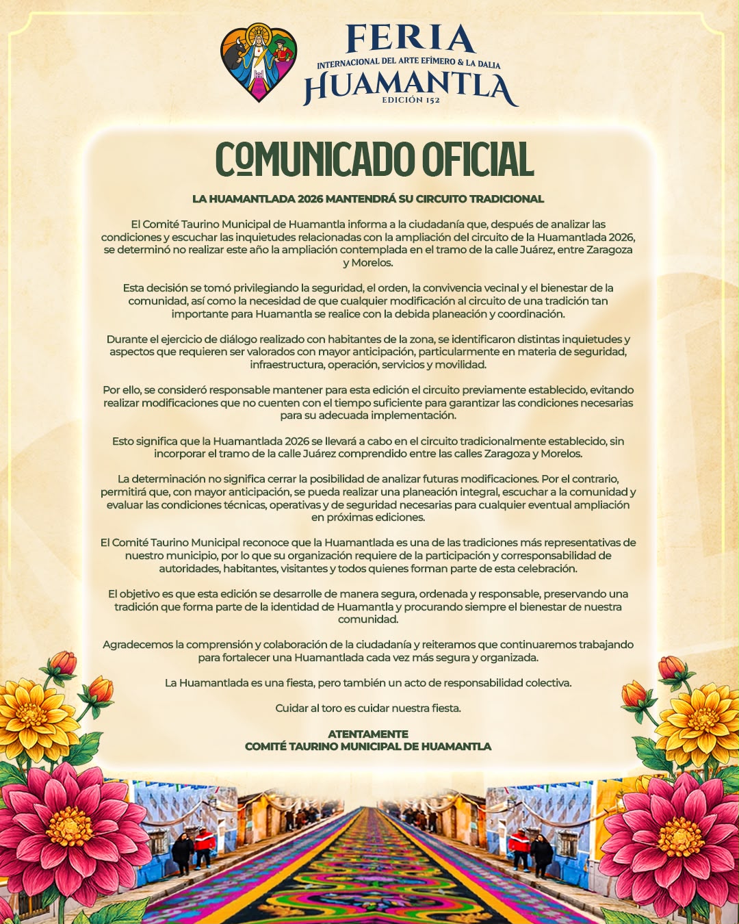 Huamantla mantendrá para 2026 el circuito tradicional de la Huamantlada tras diálogo con vecinos